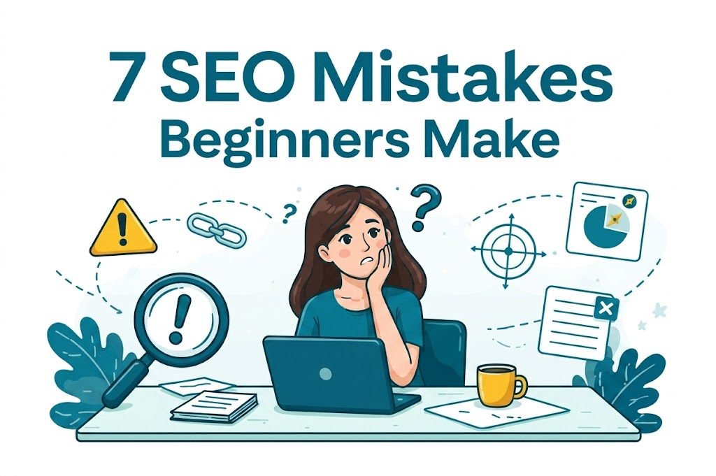 Illustration of a confused person at a computer with text reading 7 SEO Mistakes Beginners Make"