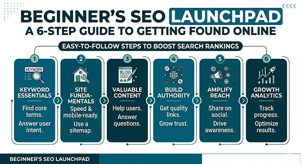 "Beginner's SEO Launchpad infographic showing a 6-step guide to search engine optimization."
