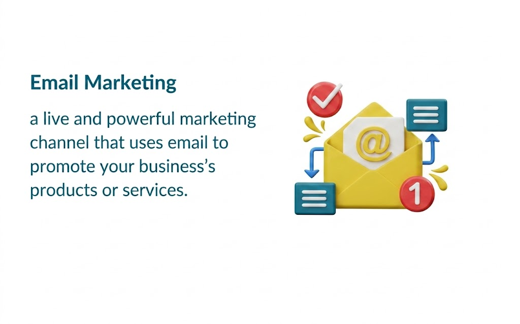 Illustration representing email marketing strategy with digital communication, promotional emails, and customer engagement concepts.